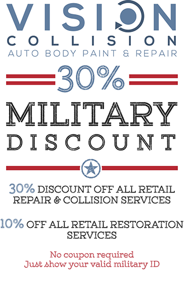 Vision Collision offers standing military discount for all active duty and retired military members, and their spoused
